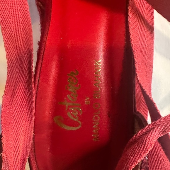 Manolo Blahnik Castaner espadrille high heeled Red burgundy Shoes made in Spain - Picture 11 of 16
